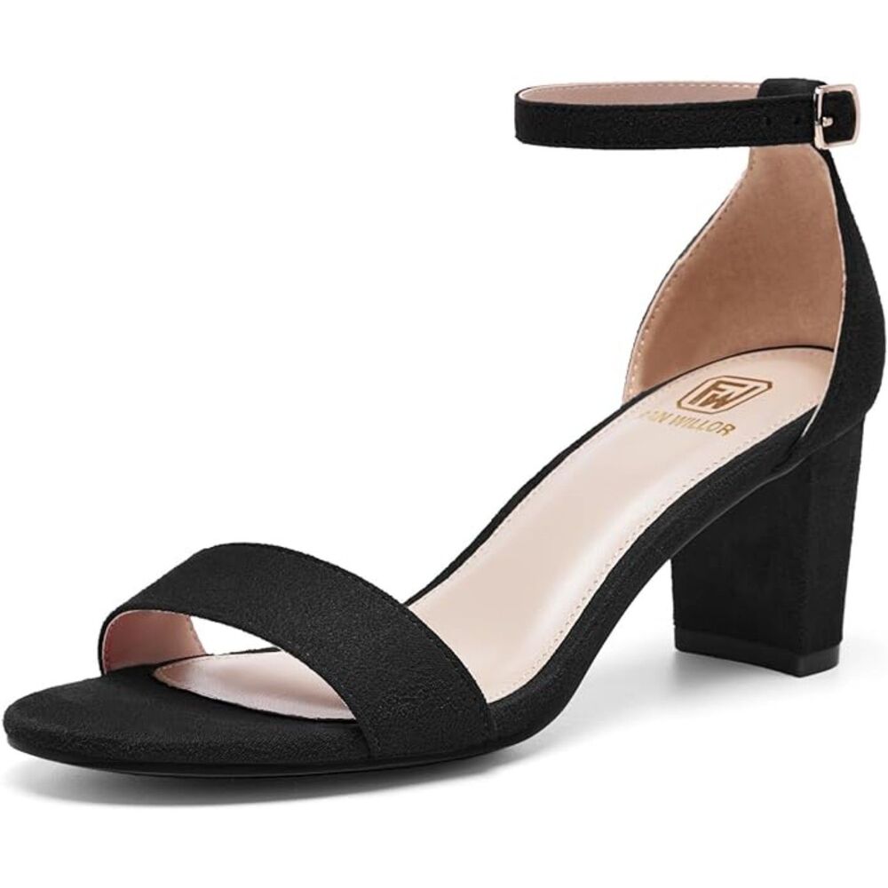 Women's Black Open Toe Ankle Strap Low Chunky Short Heels Wedding Pumps Shoes